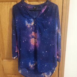 Maurices Blue Graphic Blouse with Mandarin Collar